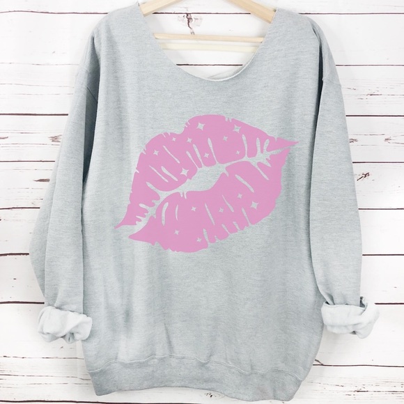 Tops - Kiss Lips Slouchy Neck Long Sleeve Sweatshirt Multiple Colors And Sizes